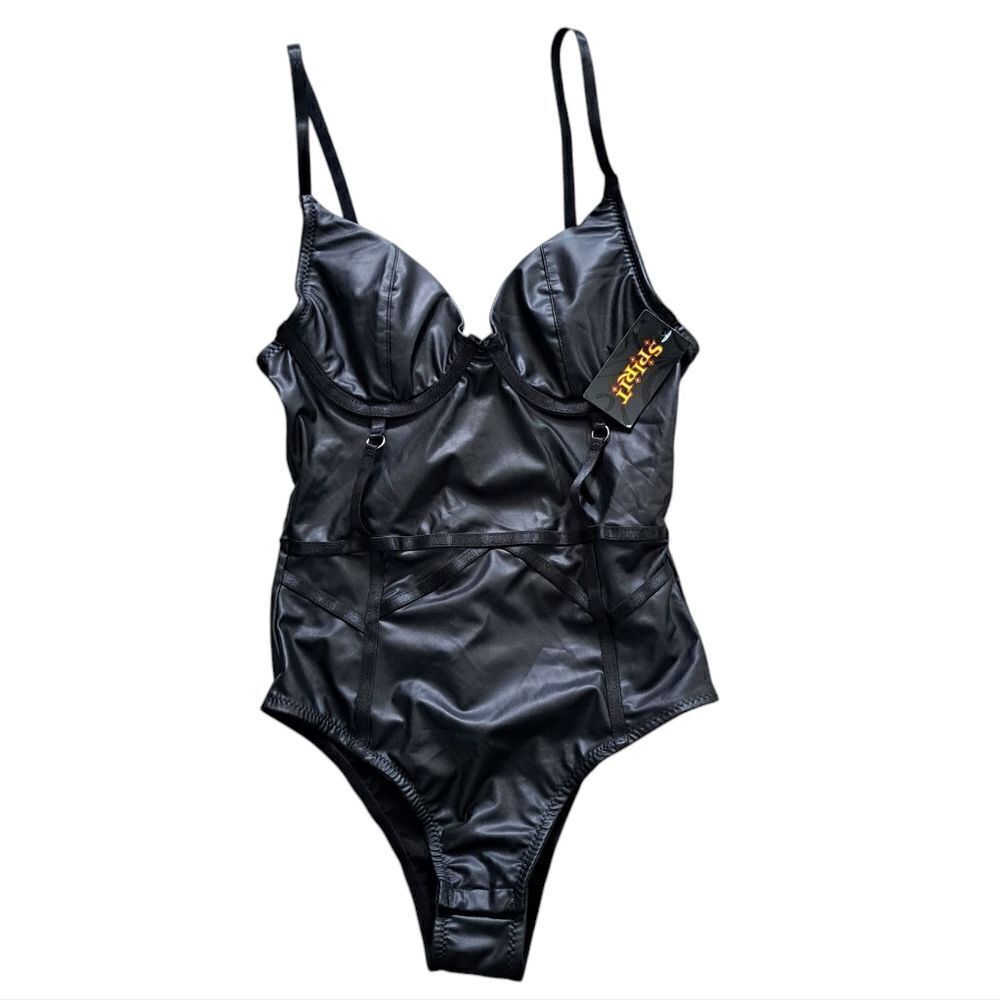 Spirit Bodysuit Pleather Sexy Sheer Lace Cup Small Black NWT